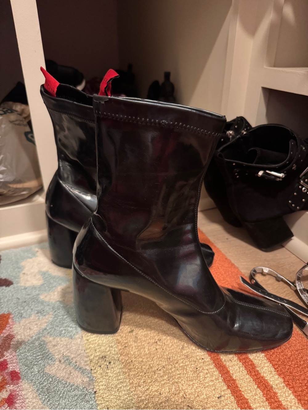 Daniella Shevel Black Patent Block Heel Ankle Boots - Women